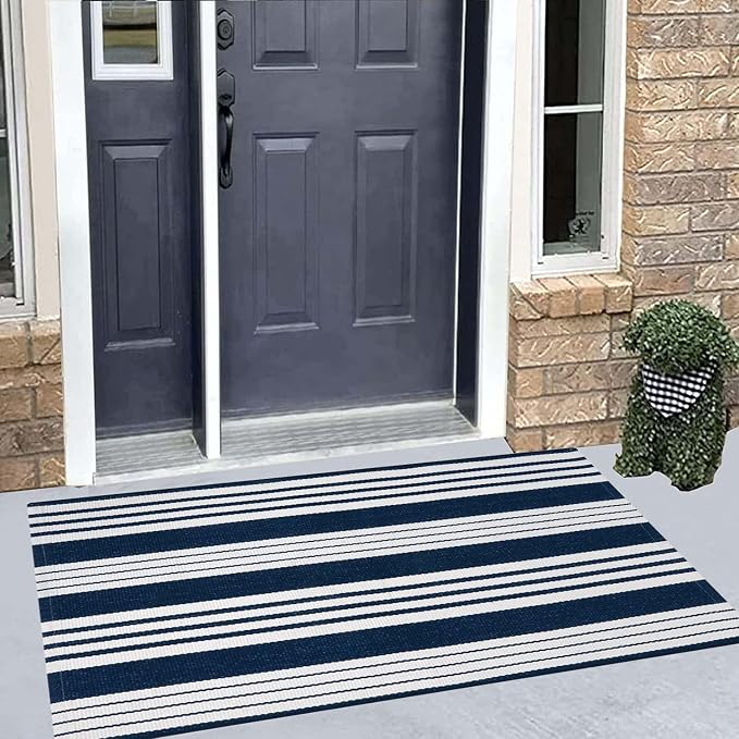 Blue and White Striped Rug 24'' x 51''Outdoor Front Porch Rug Cotton Woven Machine WashableLayered Door Mats for Entryway/Bedroom/Outdoor