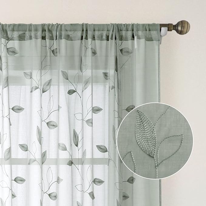 HOMEIDEAS Sage Green Sheer Curtains 52 x 54 Inch Length 2 Panels Embroidered - Image 3