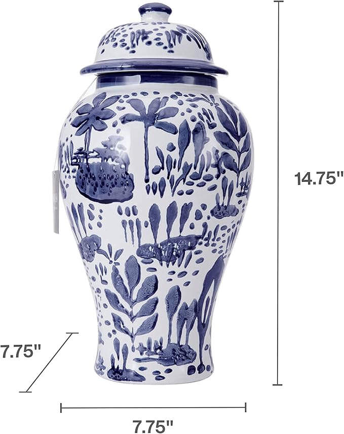 Mikasa Blue and White Landscape Round Ceramic Ginger Jar, Store Small Household Items or Display Faux Florals
