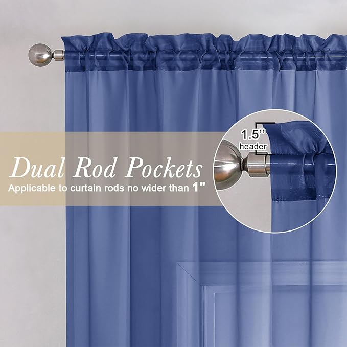 Lecloud Royal Blue Sheer Curtains 54 Inch Length 2 Panels, Voile Light Filtering Curtains with Rod Pocket, Transparent Tulle Window Treatments for Bedroom Laundry, Each Panel 42 X 54 Inch