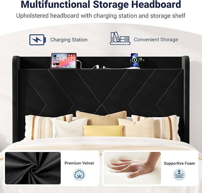 Allewie Full Size Platform Bed Frame with Charging Station and Storage Shelf/Upholstered Velvet Wingback Headboard/Wooden Slats Support/No Box Spring Needed/Easy Assembly, Black