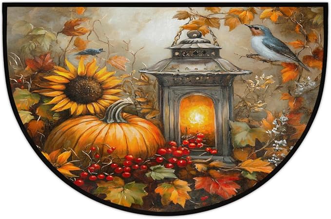 Animal Pumpkin Half Round Door Mat Non Slip Half Circle Rugs | Autumn Art Washable Half Moon Rug Semi Circle Rugs Indoor Entrance Floor Carpet for Kithen Bedroom Fireplace Decor