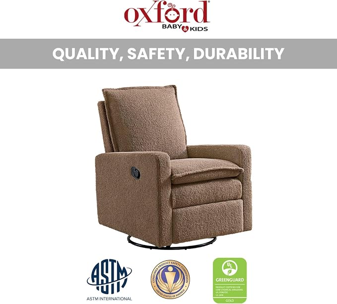 Oxford Baby Uptown Upholstered Glider Recliner Rocking Chair 360° Swivel for Nursery and Living Room - Teddy Brown, Green Guard Gold Certified