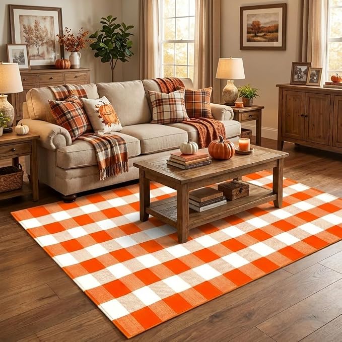 Buffalo Plaid Rug 4' x 6' Orange and White Halloween Front Doomat Reversible Layered Porch Rug Washable Hand Woven Cotton Area Rug for Indoor Outdoor Living Dining Room Bedroom Kitchen Porch Decor