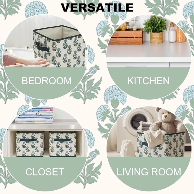 Bokon 6 Pcs 11 Inch Block Print Storage Bins Cube Cyan and White Storage Basket Rustic Floral Foldable Fabric Organizing Bins with Handles for Home Office Shelves Closets Clothes Toys Books