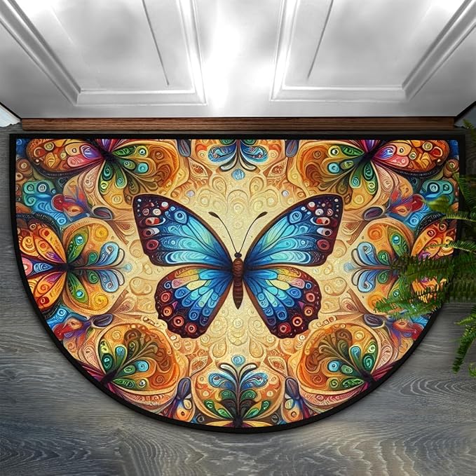 Colorful Butterfly Half Round Mat Half Moon Door Rug Washable Durable Semi Circle Carpet Floor mats for Indoor Outdoor Bathroom Kitchen Patio Hearth Rug Laundry Room Home Decoration