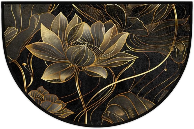 Lotus Golden Half Round Door Mat Semi Moon Rug Fireplace Carpet Area Rugs | Flower Lotus Non Slip Absorbent Half Circle Mat Carpet for Indoor Outdoor Patio Kitchen Bathroom Entryway Home Decor