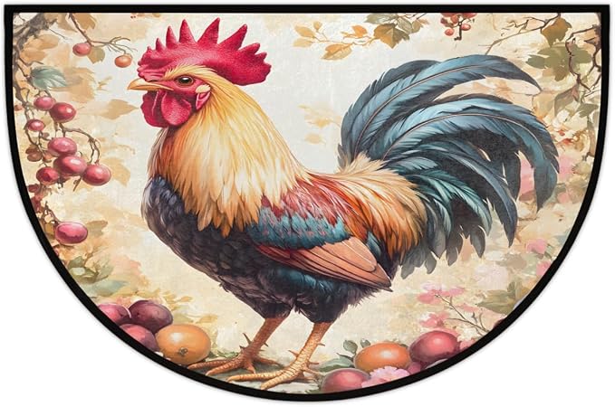 Rooster Animal Half Round Rug Half Moon Door Mat Half Circle Rugs | Flower Washable Non-Slip Semi Circle Rug Welcome Half Round Door Mat Indoor Entrance Kitchen Home Bedroom Living Room Decor
