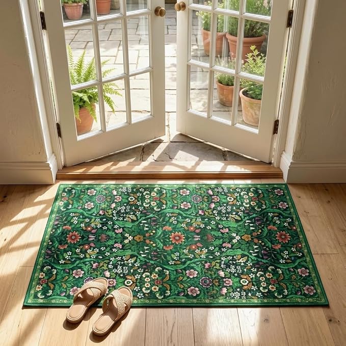 Dark Green Floral Entryway Rug 2x3, Washable Non-Slip Vintage Floral Front Door Mat, Non Slip Ultra Thin Carpet Boho Botanical Print, for Bedroom, Kitchen, Laundry, Indoor Entrance, Home Decor