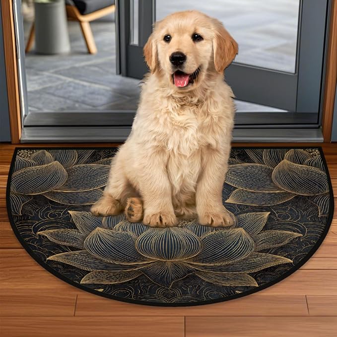 Golden Lotus Half Round Door Mat Non-Slip Semi Circle Rug Half Moon Doormat | Golden Lotus Flowers Soft Washable Welcome Entrance Mat for Outdoor Indoor Floor Bedroom Bathroom Home Kitchen Festival Decor