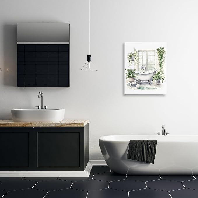 Lush Greenery Bathtub Window, 24 x 30 Inch Canvas Wall Art | Stupell Industries · By Lettered and Lined · Ready to hang · Serene bathroom accent · Made in USA