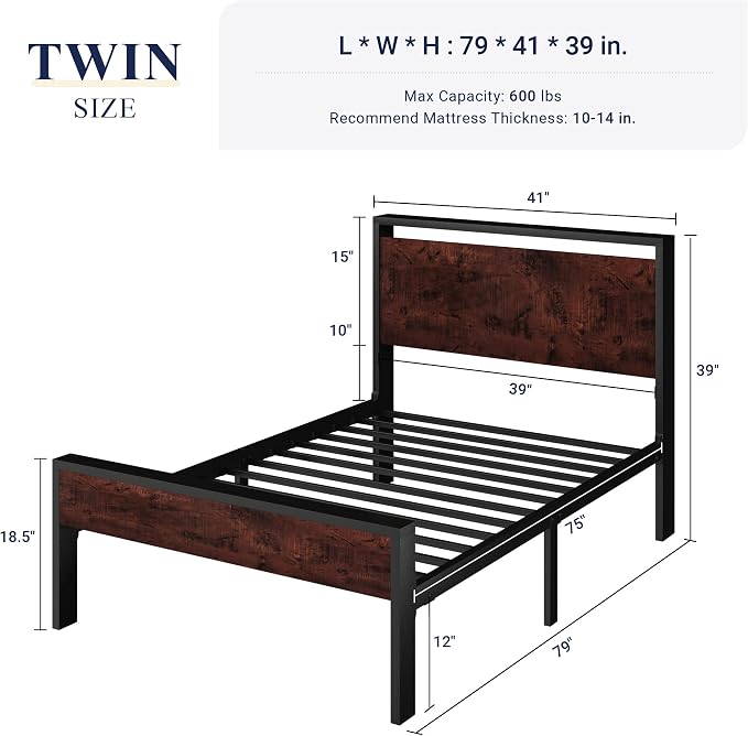 Allewie Twin Size Bed Frame, Heavy Duty 12 Metal Slats Support, Mahogany | Wooden Headboard and Footboard, Modern Platform Bed, No Box Spring Needed, Under-Bed Storage, Noise Free, Easy Assembly
