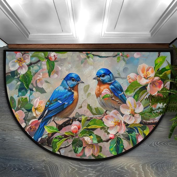 Flower Bird Oil Painting Half Round Door Mat Non-Slip Soft Doormats for Home Indoor Outdoor Entrance Bath Carpet Area Rugs for Home Dining Living Room Bedroom 36" X 24"