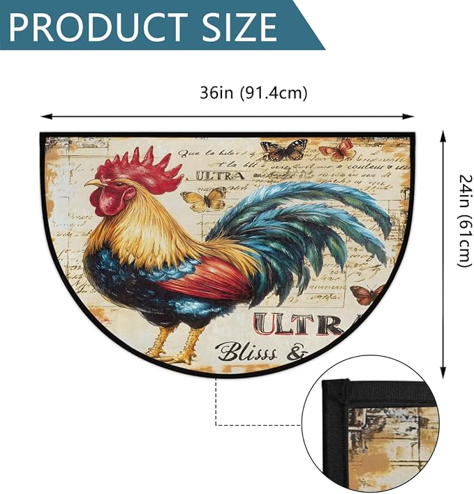 Rooster Animals Half Round Door Mat Non Slip Half Circle Rugs | Retro Art Washable Half Moon Rug Semi Circle Rugs Indoor Entrance Floor Carpet for Kithen Bedroom Fireplace Decor