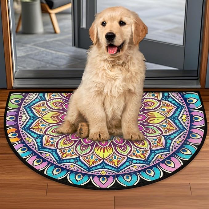 Mandala Half Round Door Mat Non Slip Half Circle Rugs | Ethnic Color Washable Half Moon Rug Semi Circle Rugs Indoor Entrance Floor Carpet for Kithen Bedroom Fireplace Decor
