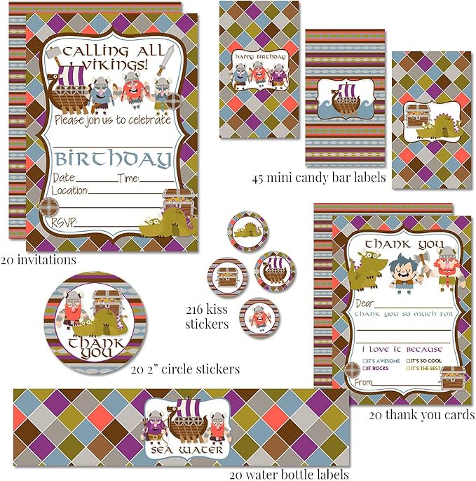 Amanda Creation Deluxe Viking Birthday Party Bundle Includes 20 Each of Invitations & Thank You Cards with Envelopes + 2 Sizes of Stickers, Mini Candy Bar Wrappers & Water Bottle Labels!