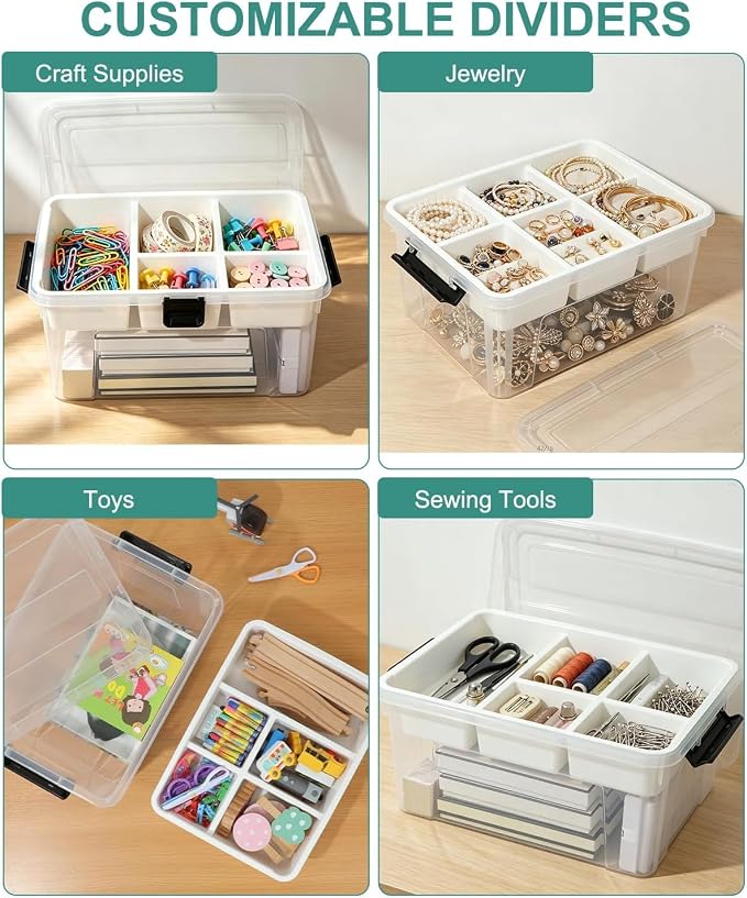 17QT Clear Storage Box with Tray for Crafts & Lego Organization | Removable 5-compartment tray separates small beads & sewing kits, while deep base stores bulky tools. Portable & BPA-free.