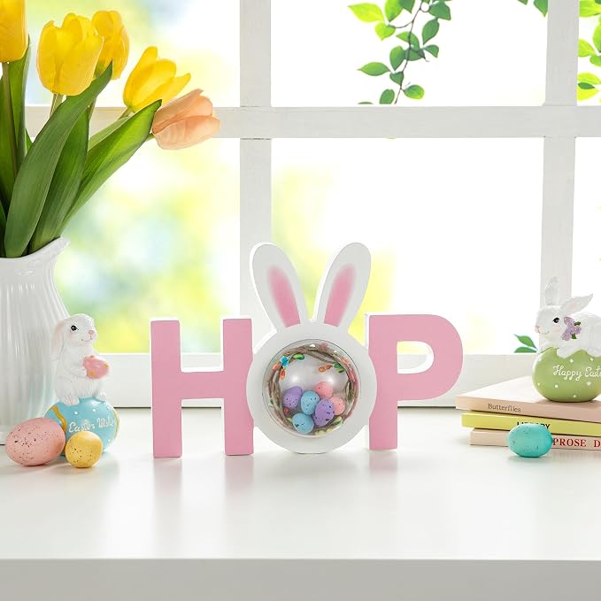 Glitzhome Wooden Easter Bunny Tabletop Sign Easter Hop Table Decor for Spring Easter Party Supplies Props