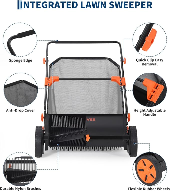 26 Inch Push Lawn Sweeper with Large 7 cu ft Collection Bag, Heavy Duty | Steel Frame, 10" Rubber Wheels, 4 Spinning Brushes, Manual Height Adjustment for Leaves Grass and Yard Debris, Black Orange