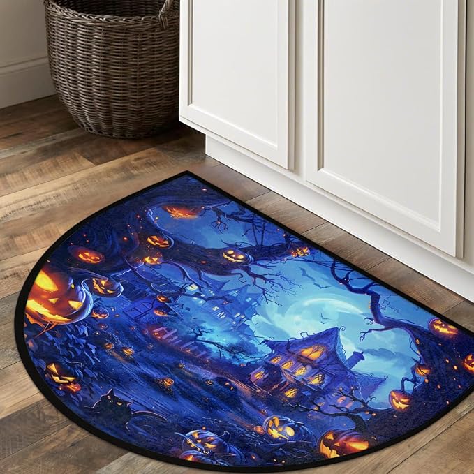 Pumpkin Half Round Door Mat Semi Moon Rug Fireplace Carpet Area Rugs | Halloween Pumpkin Non Slip Absorbent Half Circle Mat Carpet for Indoor Outdoor Patio Kitchen Bathroom Entryway Home Decor