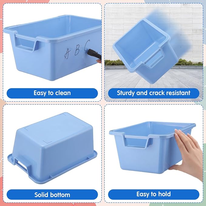 Thyle 12 Pieces Plastic Cubby Bins with Labels Classroom Book Bins Stackable Storage Container Durable Toy Storage Organizer Baskets for School Classroom Office (Handle,Morandi Color2)