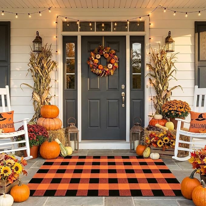 Buffalo Plaid Rug 3' x 5' Orange and Black Front Door Mat Reversible Halloween Doormat Layered Porch Rug Washable Hand Woven Cotton Area Rug for Indoor Outdoor Entryway Patio Porch Decor