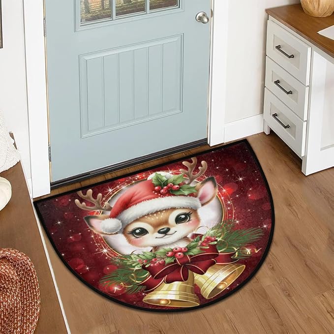 cfpolar Christmas Deer Bells Holly Half Round Door Mat Outdoor Entrance Large 24"x36" Half Circle Welcome Entrance Way Mat Semi Circular Front Door Mat Area Rug for Garage, Patio, High Traffic Areas