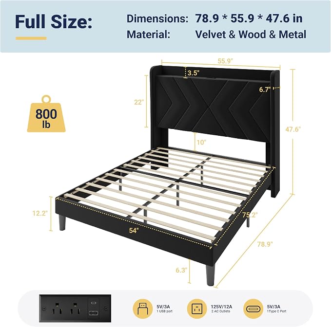 Allewie Full Size Platform Bed Frame with Charging Station and Storage Shelf/Upholstered Velvet Wingback Headboard/Wooden Slats Support/No Box Spring Needed/Easy Assembly, Black