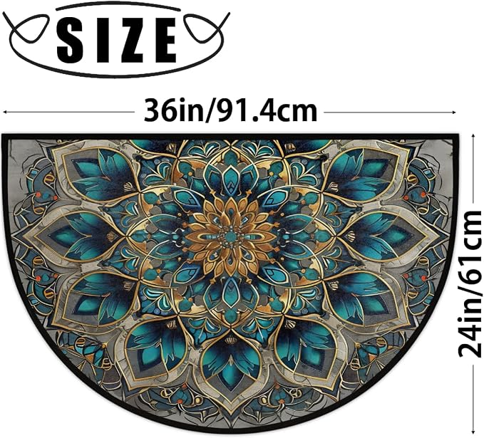 Mandala Green Half Round Door Mat Semi Moon Rug Fireplace Carpet Area Rugs | Mandala Turquoise Non Slip Absorbent Half Circle Mat Carpet for Indoor Outdoor Patio Kitchen Bathroom Entryway Home Decor