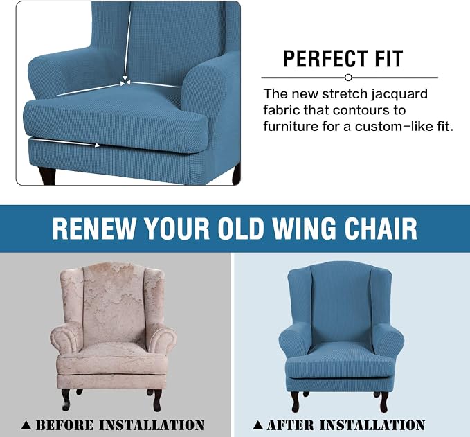 H.VERSAILTEX 2 Piece Stretch Jacquard Wingback Chair Covers Slipcovers Wing Chair Covers (Base Cover Plus Seat Cushion Cover) Furniture Covers for Wingback Chairs, Form Fitted Thick Soft, Dusty Blue