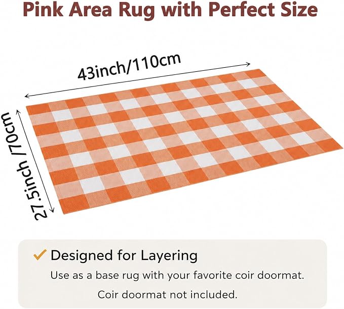 Buffalo Plaid Area Rug, Checkered Rug 27.5x43 Inches, Orange and White Rug, Washable Cotton Mat for Front Porch, Entryway, Kitchen, Living Room, Fall Decor