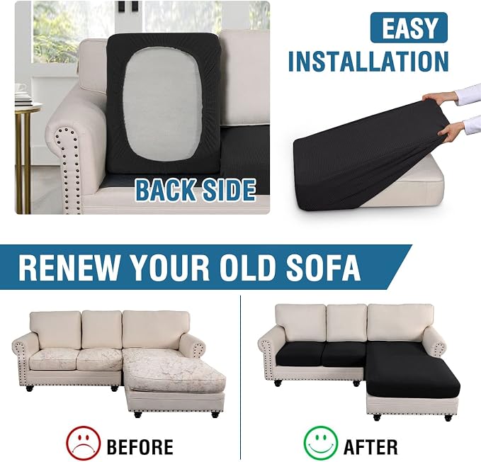 H.VERSAILTEX Sectional Couch Covers 3 Pieces Sofa Seat Cushion Covers L Shape Separate Cushion Couch Chaise Cover for Both Left/Right Sectional Couch (Seat Only: 1 Chaise + 2 Sofa, Black)