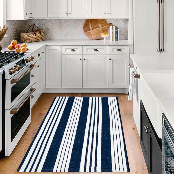OJIA Blue & White Outdoor Rug 3'x5' Front Porch Rug Outdoor Mat Patio Decor | Cotton Woven Striped Patio Rug Machine Washable Indoor Outdoor Rugs Entry Layered Door Mats for Entryway/Front Door Entrance