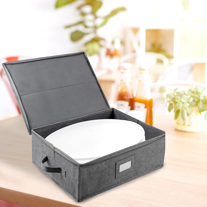 popoly Platter Storage, China Storage Containers Hard Shell 17" x 13" x 6" | China Platter Storage Containers with 5 Felt Dividers Included, Structured Top and Stackable (Linen Grey)