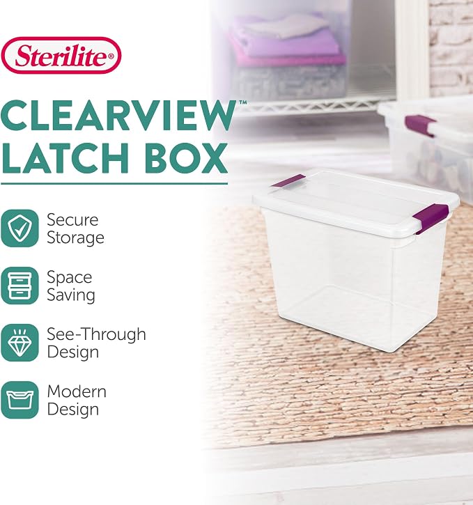 Sterilite 27 Quart ClearView Latch Box, Stackable Storage Bin with Latching Lid, Organize Clothes, Shoes in Closet, Clear Base and Lid, 18-Pack | Clear Plastic Organizers with Color Accent Latches for Closet, Bedroom, Shelving Units, Dorm Room and Home...