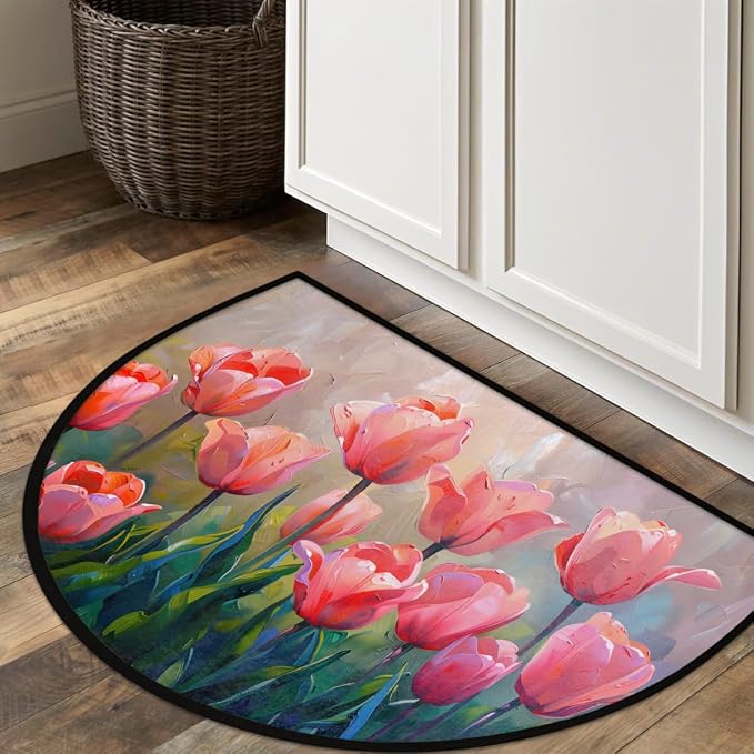 Flower Half Round Doormat Semi Circle Rug Half Moon Rug Entryway Mat | Pink Tulip Washable Non Slip Outdoor Floor Rug Kitchen Mat for Indoor Outdoor Bathroom Fireplace Bath Decor
