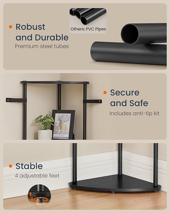 SONGMICS HOME Superfast Toolless Assembly, Corner Shelf Stand, 3-Tier Corner Standing Shelf, Living Room, Bedroom, Kitchen, 15 x 10.6 x 27.8 Inches, Ink Black ULBC620B01