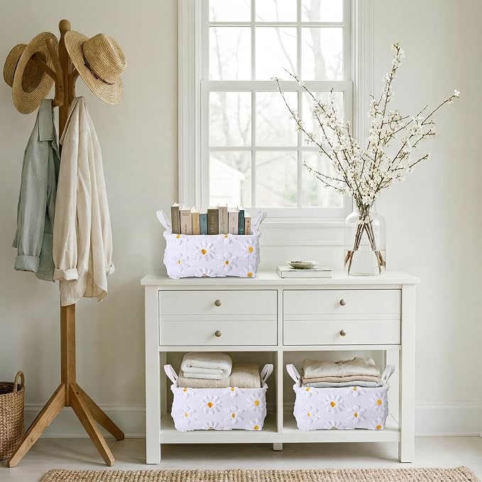 2pcs White Daisy Storage Basket 14x10''Back to School Gift Basket | Foldable, Fluffy, Laundry, Storage Bin with Handle, Floral, Closet Organizer, Preppy Dormitory, Countertop Tabletop Shelf