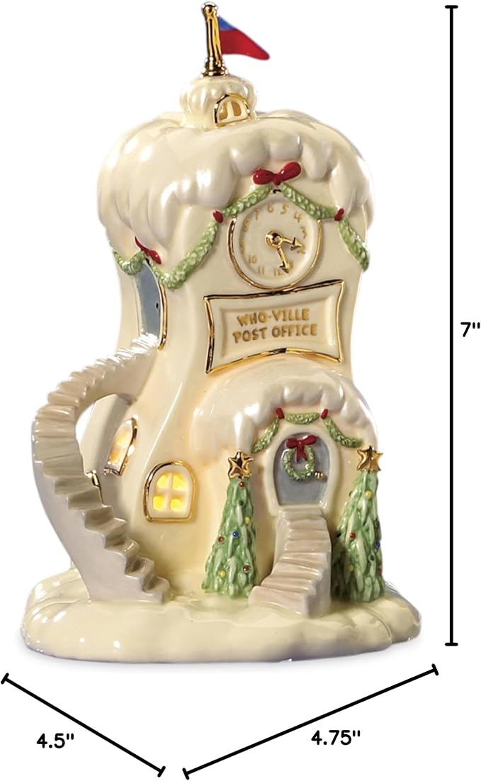 Lenox Dr. Seuss Who-Ville Post Office Christmas Figurine | porcelain with 24k gold accents | 7 x 4.5 x 4.75 inch size | collectible gift for grinch fans | 7 inch