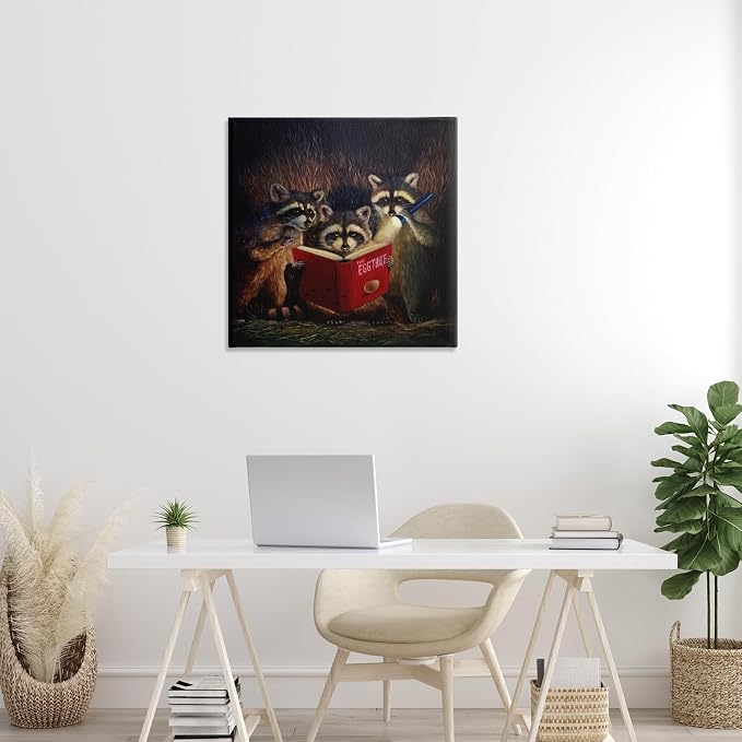 Fun Raccoon Trio Reading Book, 30 x 30 Inch Canvas Wall Art | Stupell Industries · By Lucia Heffernan · Ready to hang · Whimsical gift for animal lovers · Made in USA