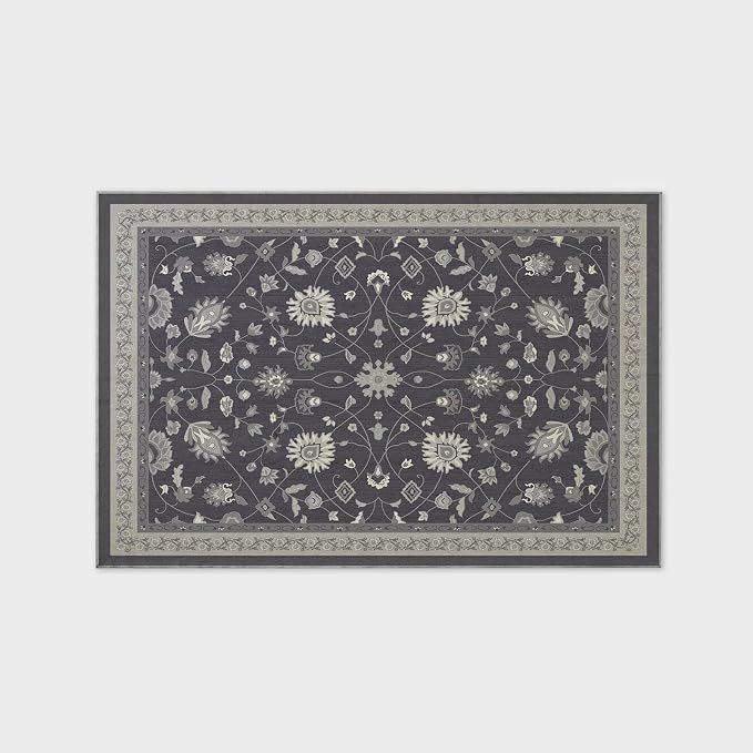 EVERGRACE Area Rugs for Living Room 6x9, Boho Floral Faux Wool Indoor Outdoor Rugs, Washable Rugs for Bedroom Dining Room Entryway Kitchen, Low Pile Floor Mat Carpet for Home Decor, Ebony Black