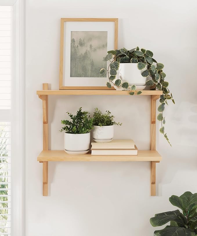 Kate and Laurel Meridien Modern Wood Shelves, 24 x 8 x 24, Natural Poplar, Transitional Two Tier Wall Shelf for Storage and Display