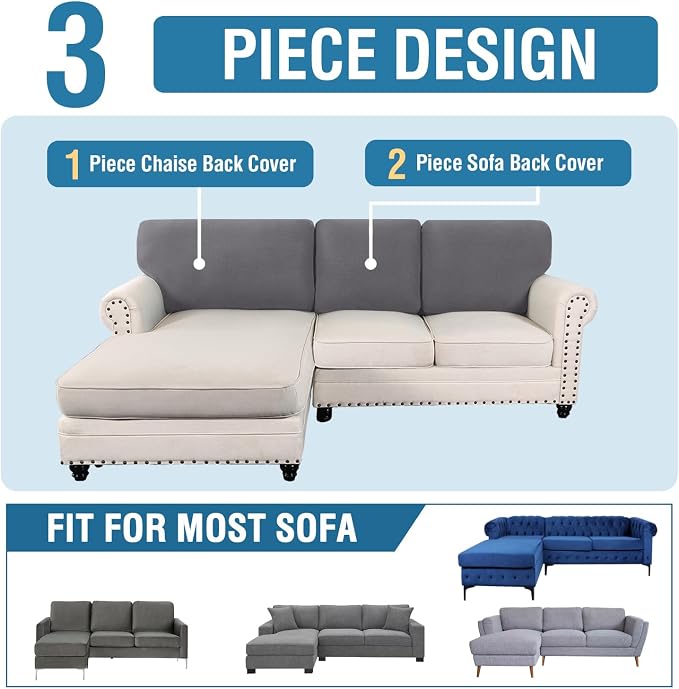 H.VERSAILTEX Backrest Cushion Covers Sectional Couch Back Cushion Covers for Sectional Sofa Set for Both Left/Right Couch (Back Only: 1 Chaise + 2 Sofa, Charcoal Grey)