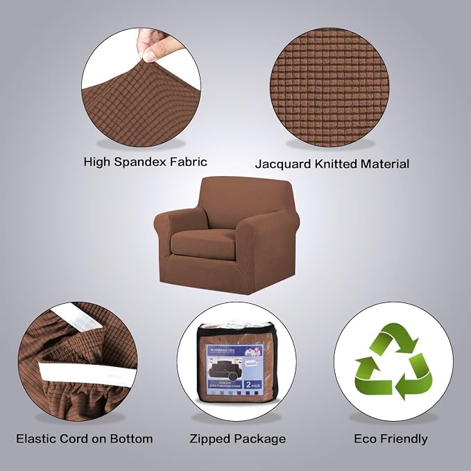 H.VERSAILTEX 2-Piece Armchair Cover Chair Slipcovers with Arms Sofa Slipcover for Chair Fit Arm Chair Width Up to 47 Inch, Anti-Slip Rich Stretch Knitted Jacquard Fabric Small Checks(Chair, Caramel)