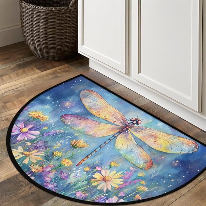 Dragonfly Half Round Door Mat Outdoor Doormat Bedroom Entrance Rug A16 | Dragonfly Flower Floral Semi Moon Door Mat Non-Slip Absorbent Kitchen Rug Indoor Welcome Bath Mat 36" X 24"