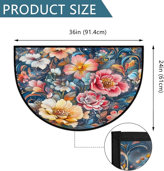 Spring Flowers Half Round Rug Half Moon Door Mat Half Circle Rugs | Rainbow Art Washable Non-Slip Semi Circle Rug Welcome Half Round Door Mat Indoor Entrance Kitchen Bedroom Living Room Decor