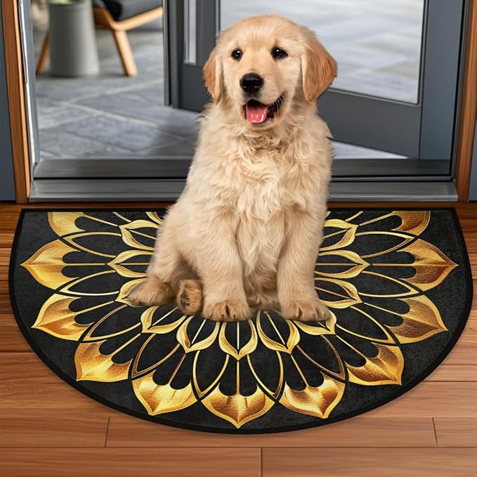 Half Round Doormat Mandala Ethnic Gold Florals Non Slip Half Circle Area Rugs Indoor Washable Half Moon Rug Semi Circle Bathroom Runner Mat Entrance Floor Carpet for Kithen Bedroom Fireplace Decor