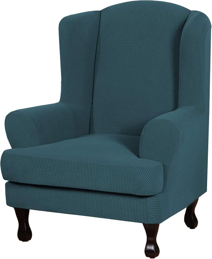 H.VERSAILTEX 2 Piece Stretch Jacquard Wingback Chair Covers Slipcovers Wing Chair Covers (Base Cover Plus Seat Cushion Cover) Furniture Covers for Wingback Chairs, Form Fitted Thick Soft, Deep Teal