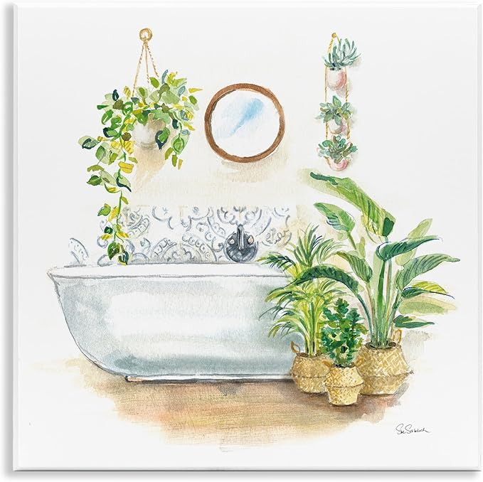 Stupell Industries Serene Bathroom Interior with Greenery Plants Painting | Stupell Industries | 12 x 12 Inches, Easy to Hang and Sturdy, Made in USA, by Sue Schlabach