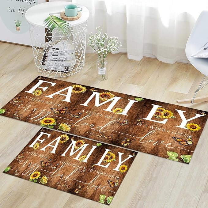 GUBIYU Kitchen Rug Set of 2, Rustic Brown Wood Grain Sunflower Living Room Rugs Anti Fatigue Kitchen Mats Non Skid Waterproof Kitchen Rugs Farmhouse Comfort Standing Kitchen Mats for Floor Home Office